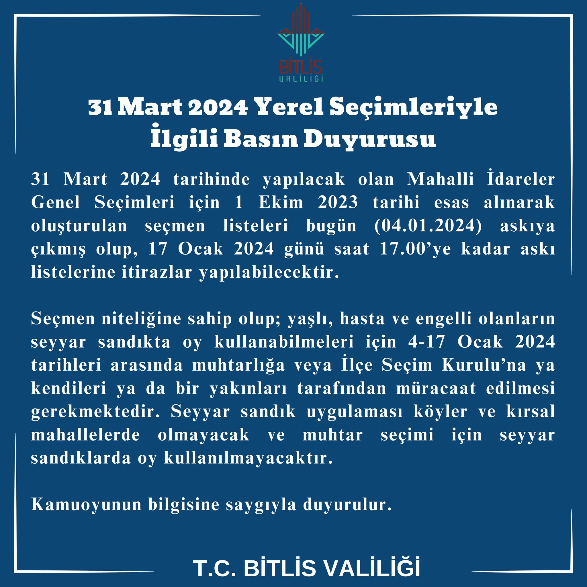 31 Mart Yerel Seçimleri İle İlgili Valilikten Duyuru 